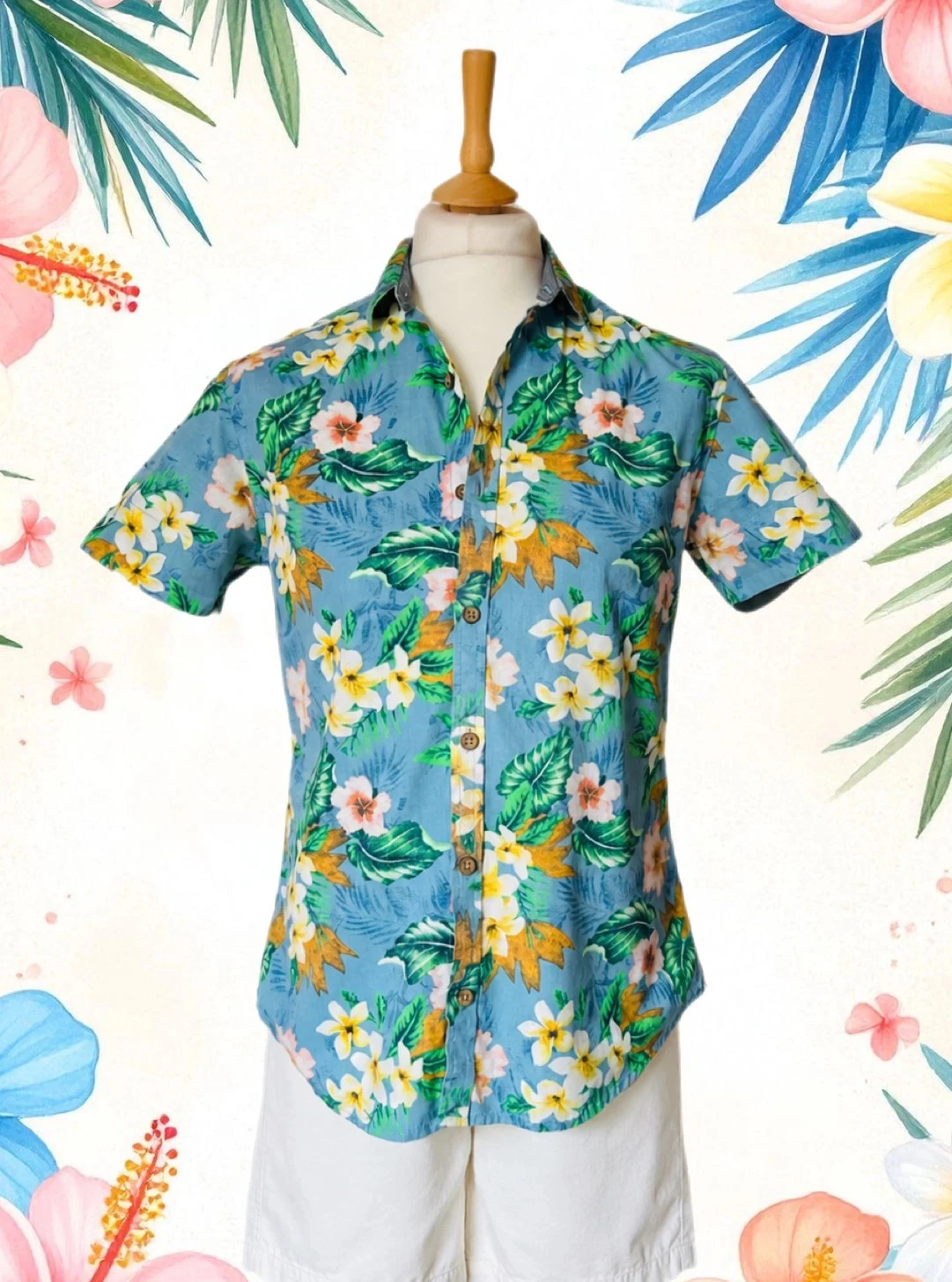🌴🌺Chemise hawaïenne 100% coton Beachwear Hawaiian tropical floral shirt Taille/size M🦜🌸